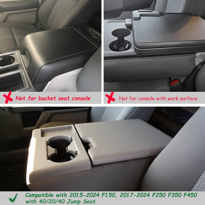 Zxiaochun Center Console Cover for Ford F150 2015-2024 and F250 F350 F450 2017-2024 Leather Arm Rest Box Lid Middle Console Armrest Protective Cover Accessories(40/20/40 Jump Seat Console Only)(Gray) - Image 2